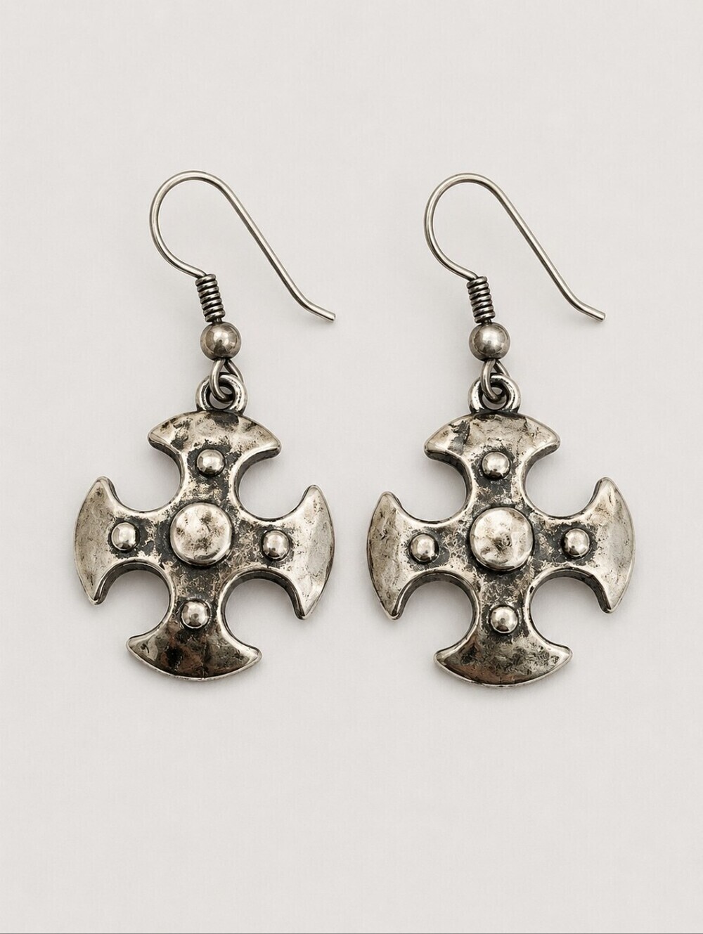 VTG Dauplaise Silvertone Maltese Byzatine Cross Dangle Hook Earrings